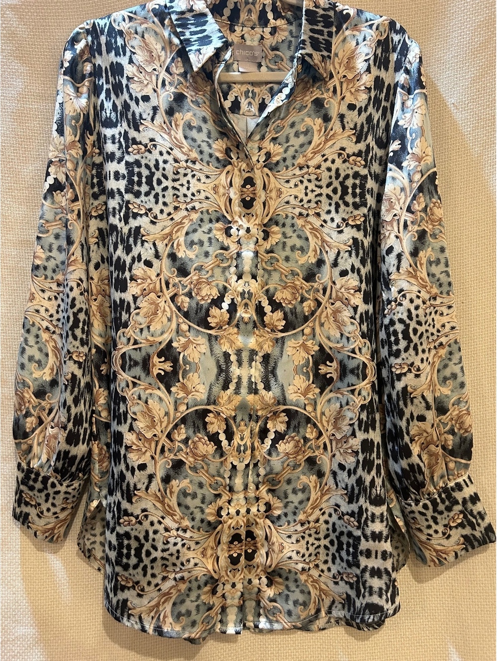 Chico's Women's Button-Up Blouse Size 1 with Ornate Baroque and Animal Print